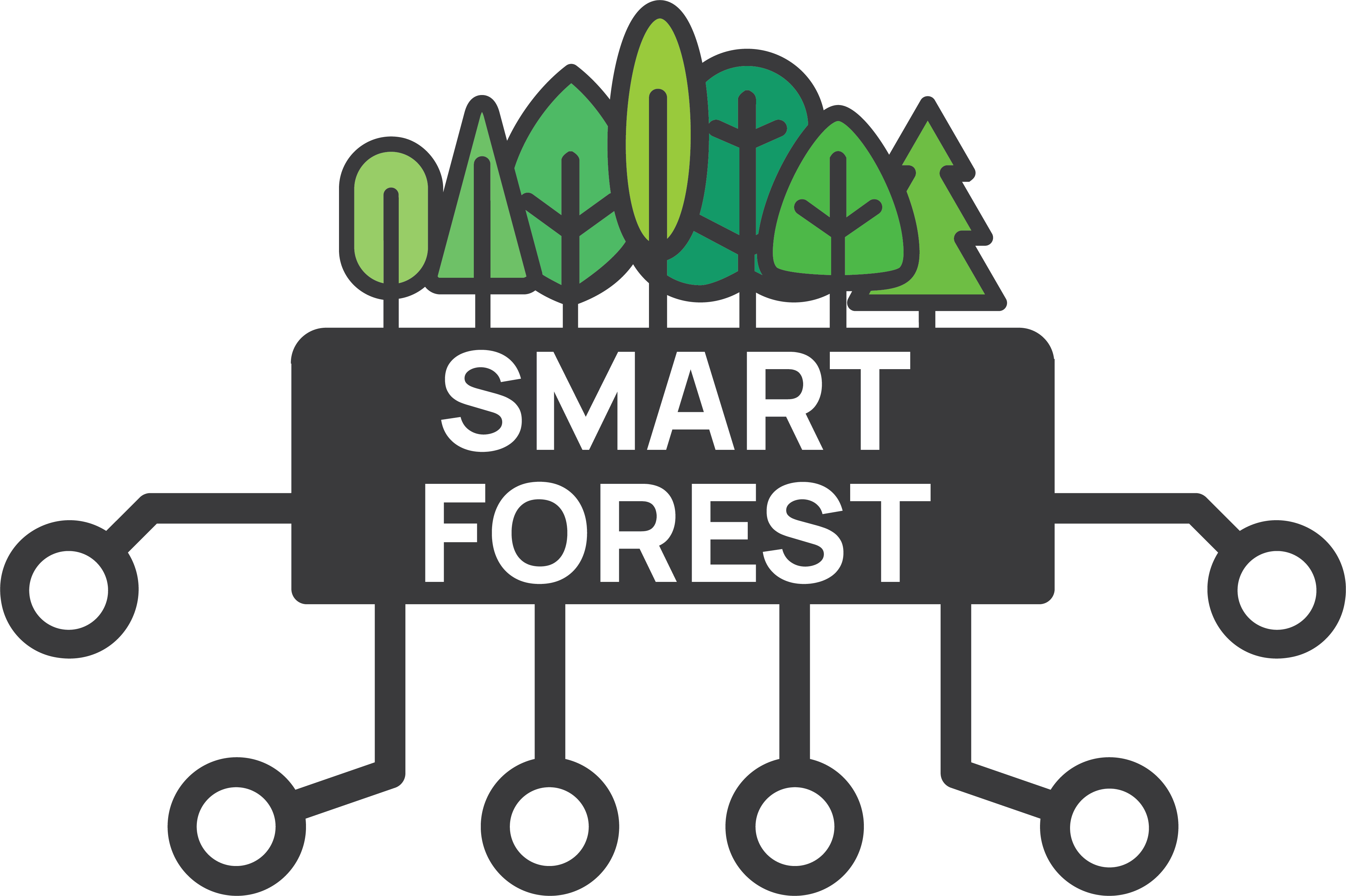 SmartForest Logo, consisting of seven different stylised trees standing on a dark grey block that has the words "SMART FOREST" on it in white. From the bottom of the block, six "connectors" made out of bent stripes and circled white dots reach out and down.