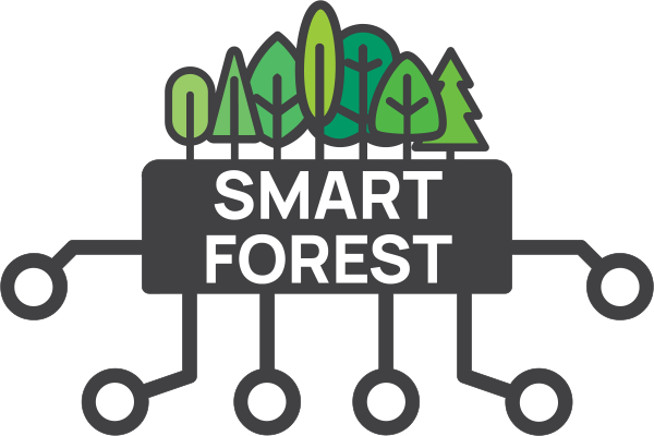 SmartForest Logo, consisting of seven different stylised trees standing on a dark grey block that has the words "SMART FOREST" on it in white. From the bottom of the block, six "connectors" made out of bent stripes and circled white dots reach out and down.