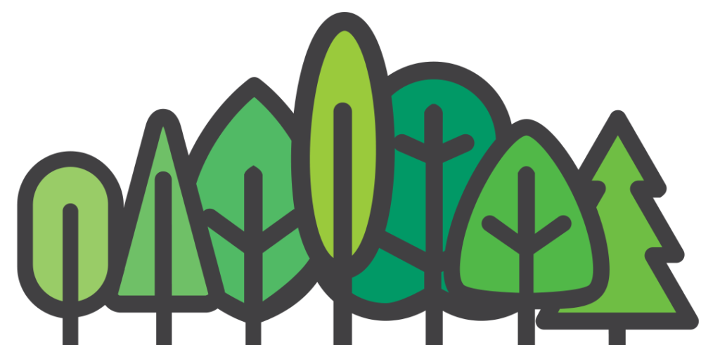 The forest from the SmartForest logo. A thick, dark outline forms seven different trees standinh next to each other, partially overlapping, each a different shade of green.