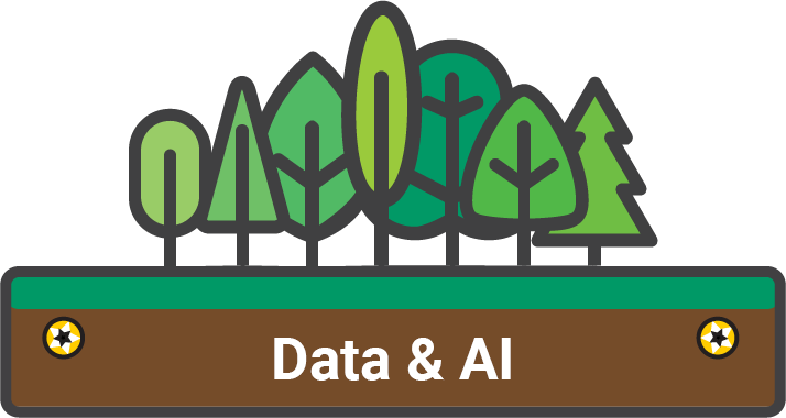 Seven different stylized green trees stand on a horizontal rectangle. The rectangle is green along the top and brown along the bottom, evoking grass upon earth. In the brown layer, there is a golden screw head on either side of the white text "Data & AI"