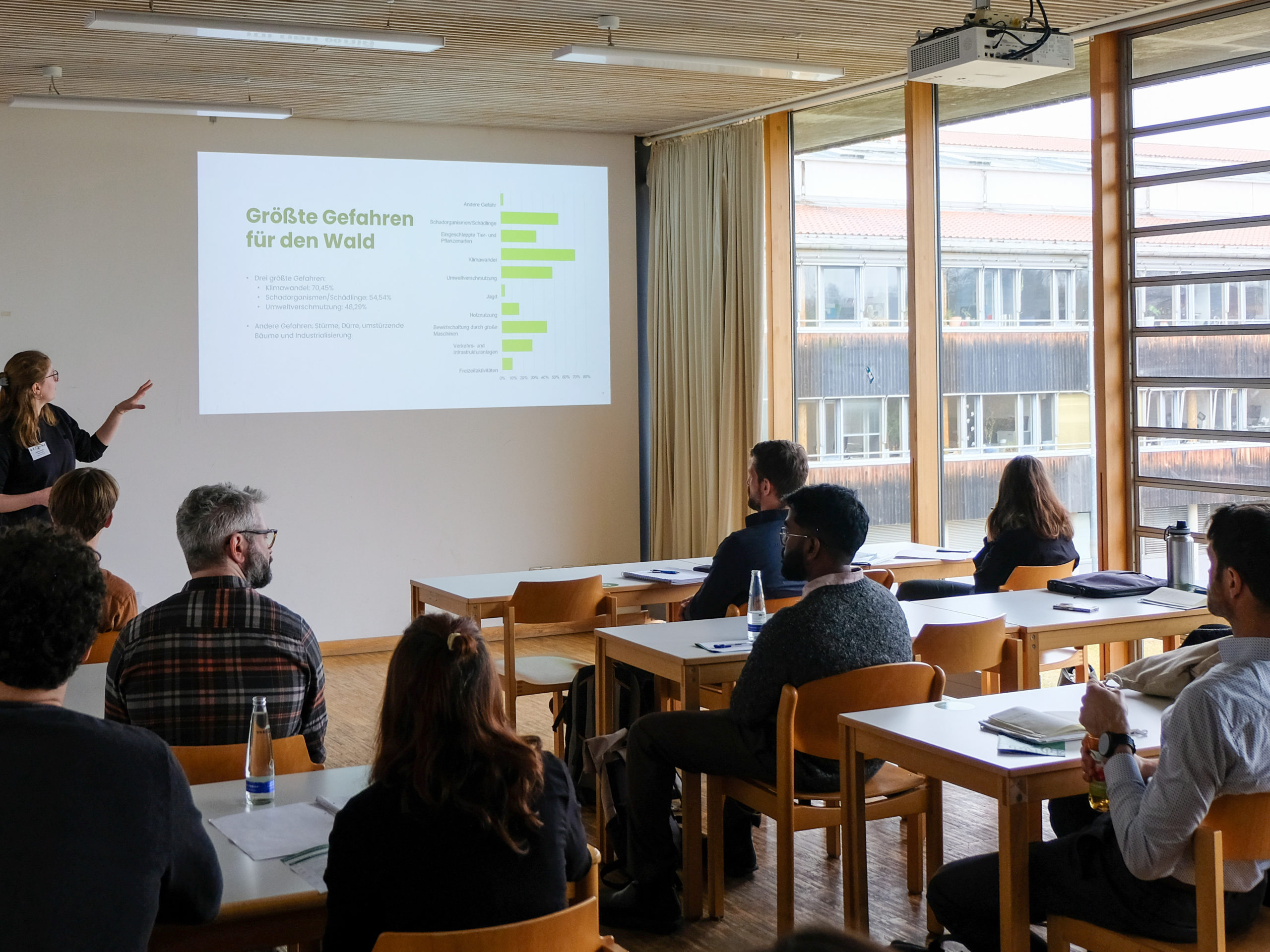 A blonde woman in glasses stands in front of a classroom with wooden tables and chairs. One wall is nearly entirely comprised of windows and most seats are taken. A projected slide reads "Größte Gefahren für den Wald", showing text and green bar charts.