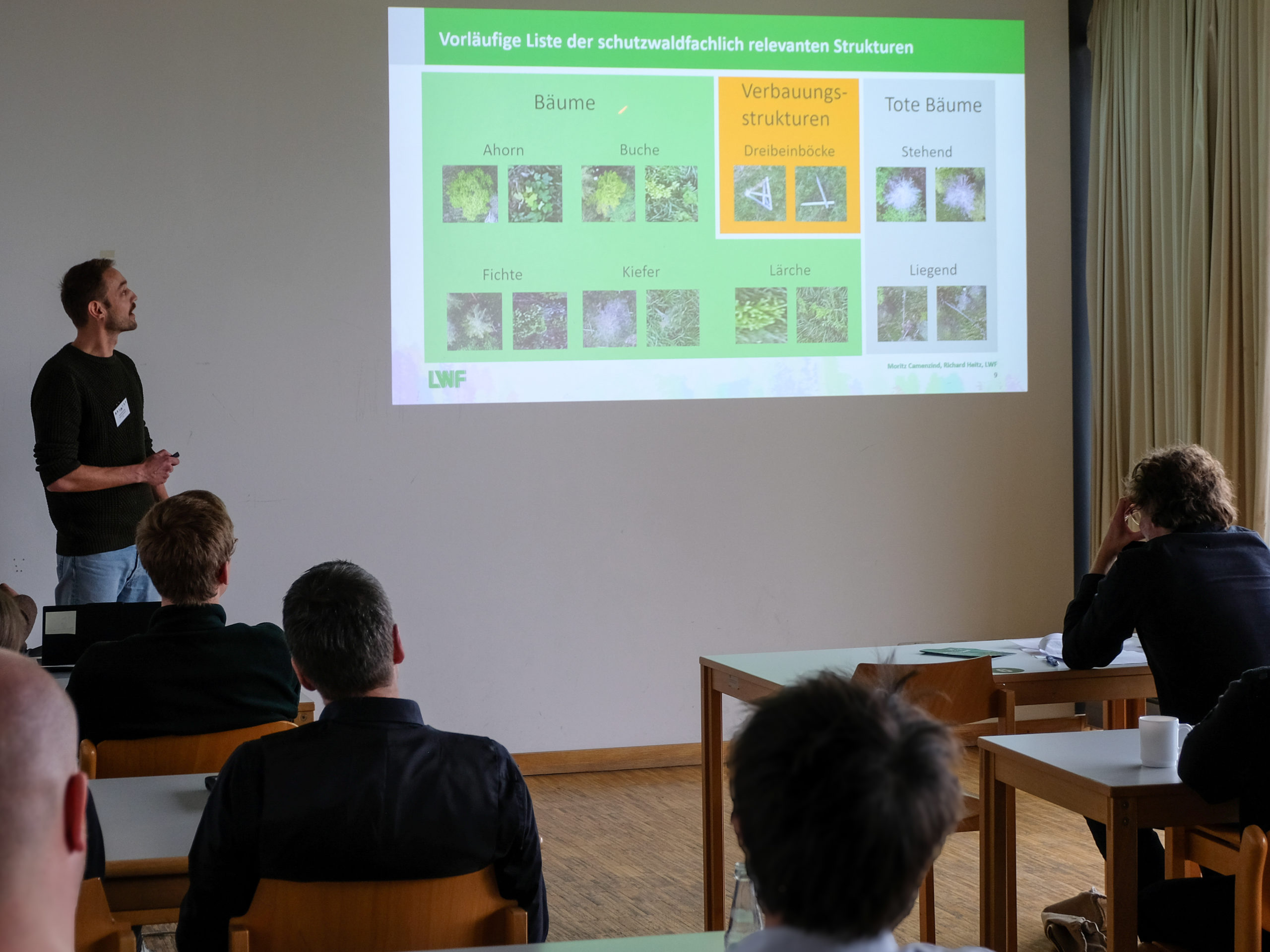 A dark-haired man shows a projected German PowerPoint slide to a classroom of people. The slide is titled "Vorläufige Liste der schutzwaldfachlich relevanten Strukturen" and has three colour blocks. The largest is green and titled "Bäume", showing names and pictures with "Ahorn, Buche, Fichte, Kiefer, and Lärche", the smallest is "Verbauungsstrukturen" in a dark yellow, with two pictures and the text "Dreibeinböcke", and finally a grey one is "Tote Bäume", showing text and pictures for "Stehend" and "Liegend". The LWF-logo of the Bayerische Landesanstalt für Wald und Forstwirtschaft is visible in the bottom left corner of the slide, and "Moritz Camenzind, Richard Heitz, LWF" on the bottom right.