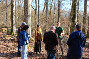 A group of SmartForest 2026 attendees out in the forest. They are standing in a circle among the fallen leafs as they listen to Stephan Philipp of the Vorarlberg Provincial Government during an outdoor conference session.