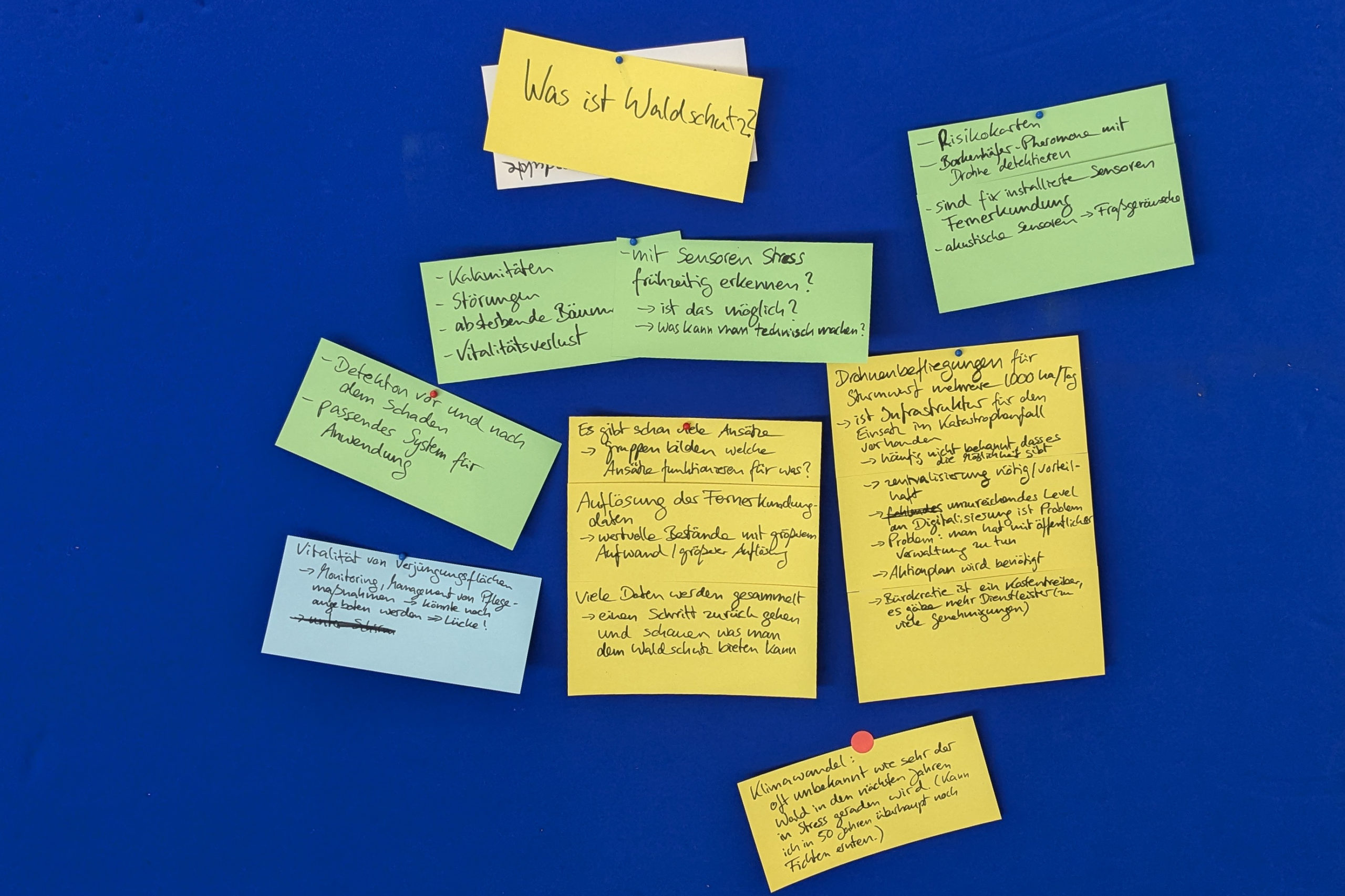 Handwritten notes in German, pinned to a blue board at SmartForest 2026. They centre around the question of what protecting a forest means.