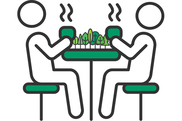 Illustration for the SmartForest World Cafe. Two simply drawn figures have a hot drink at a table with the SmartForest trees on it.